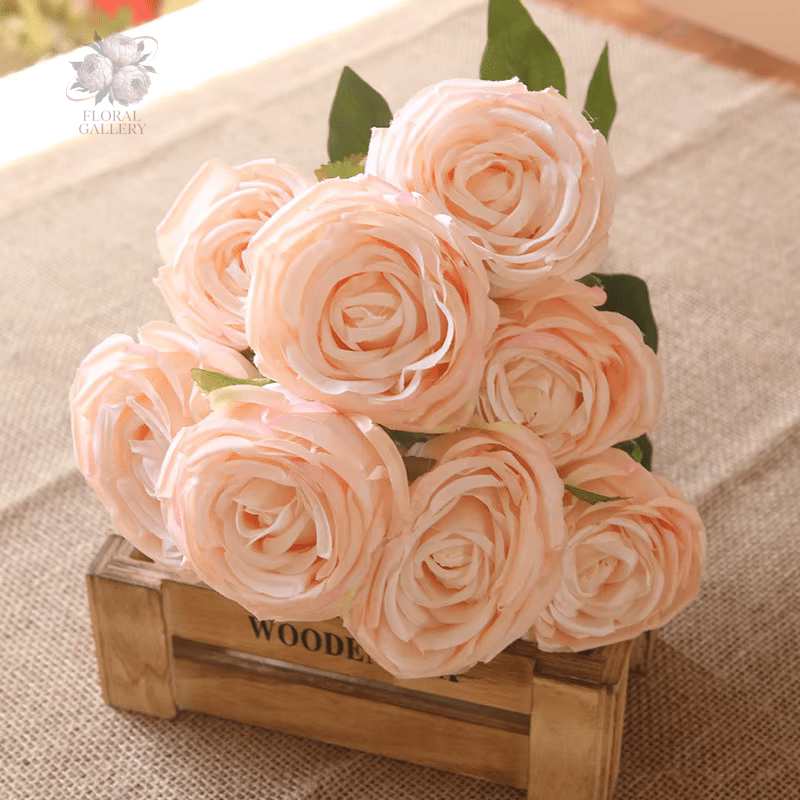 Premium SILK 9 Heads ROSES 50cm Stem - Pink Red, Purple Peach & White - The Floral Gallery