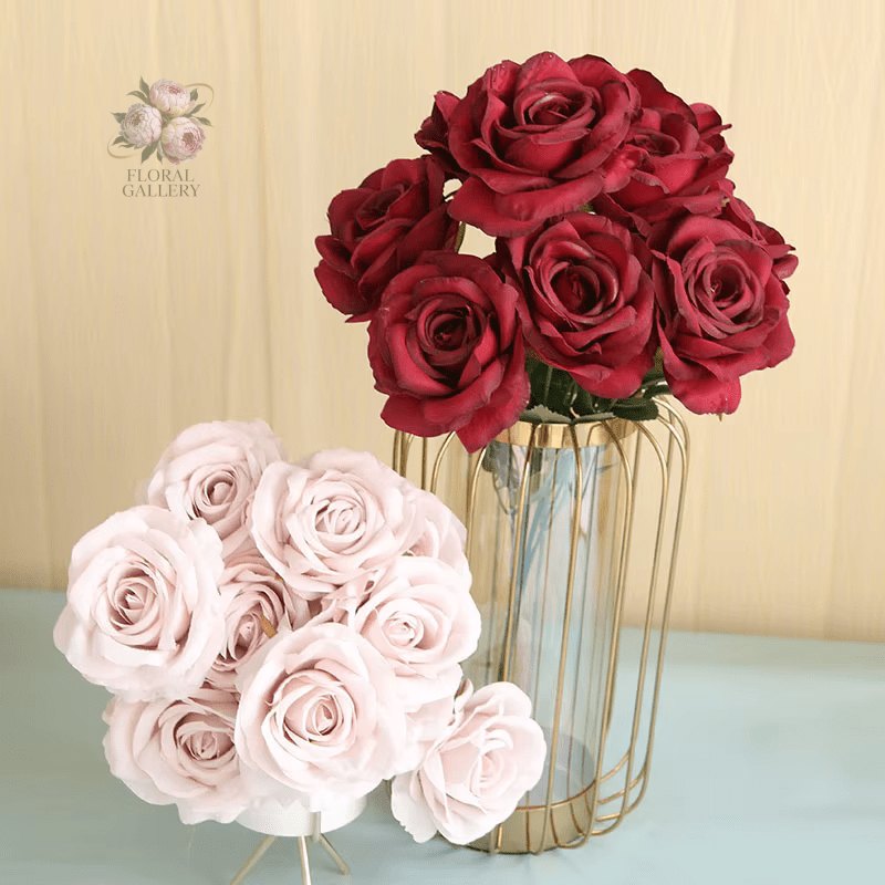 Premium SILK Artifical Roses 10 Heads 50cm Stem - Pink Red & Peach - The Floral Gallery