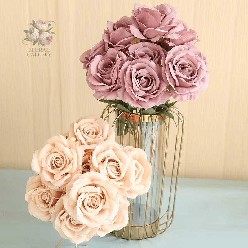 Premium SILK Artifical Roses 10 Heads 50cm Stem - Pink Red & Peach - The Floral Gallery