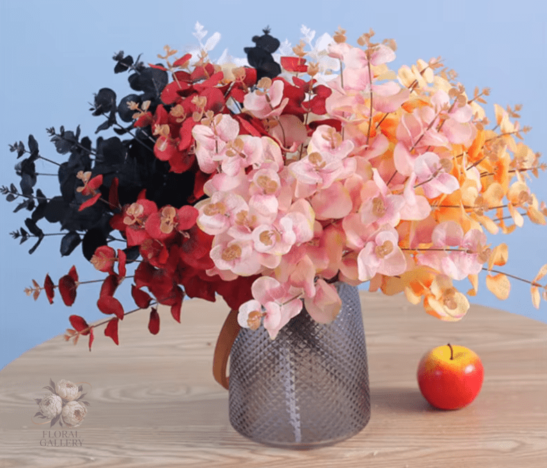 Premium SILK Eucalyptus Leaf Artificial Plant, Black Red & Pink - The Floral Gallery