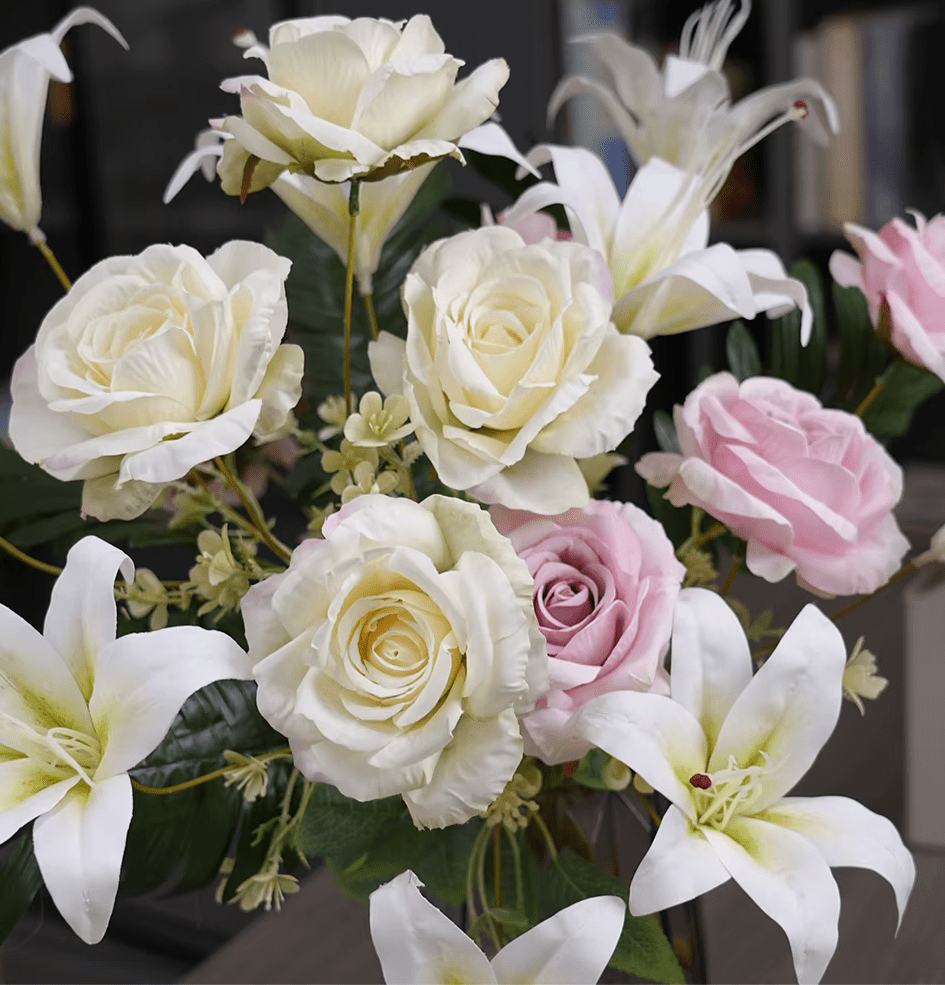 Premium SILK Roses & Lilies Bouquet Flowers Pink & White - The Floral Gallery