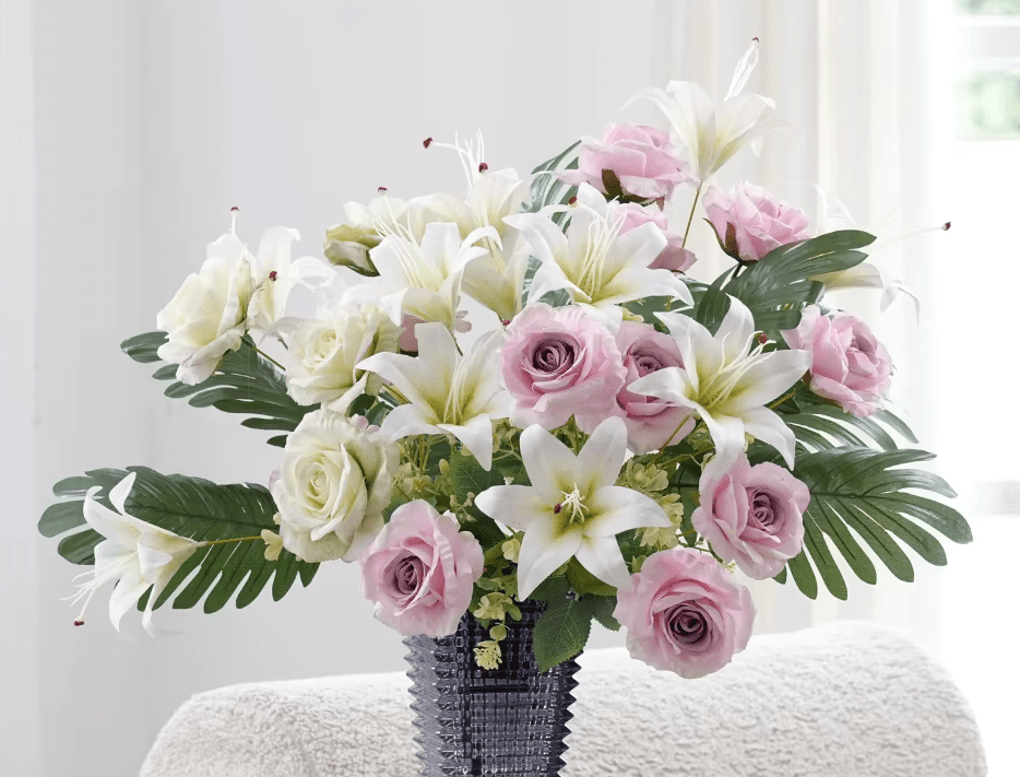 Premium SILK Roses & Lilies Bouquet Flowers Pink & White - The Floral Gallery