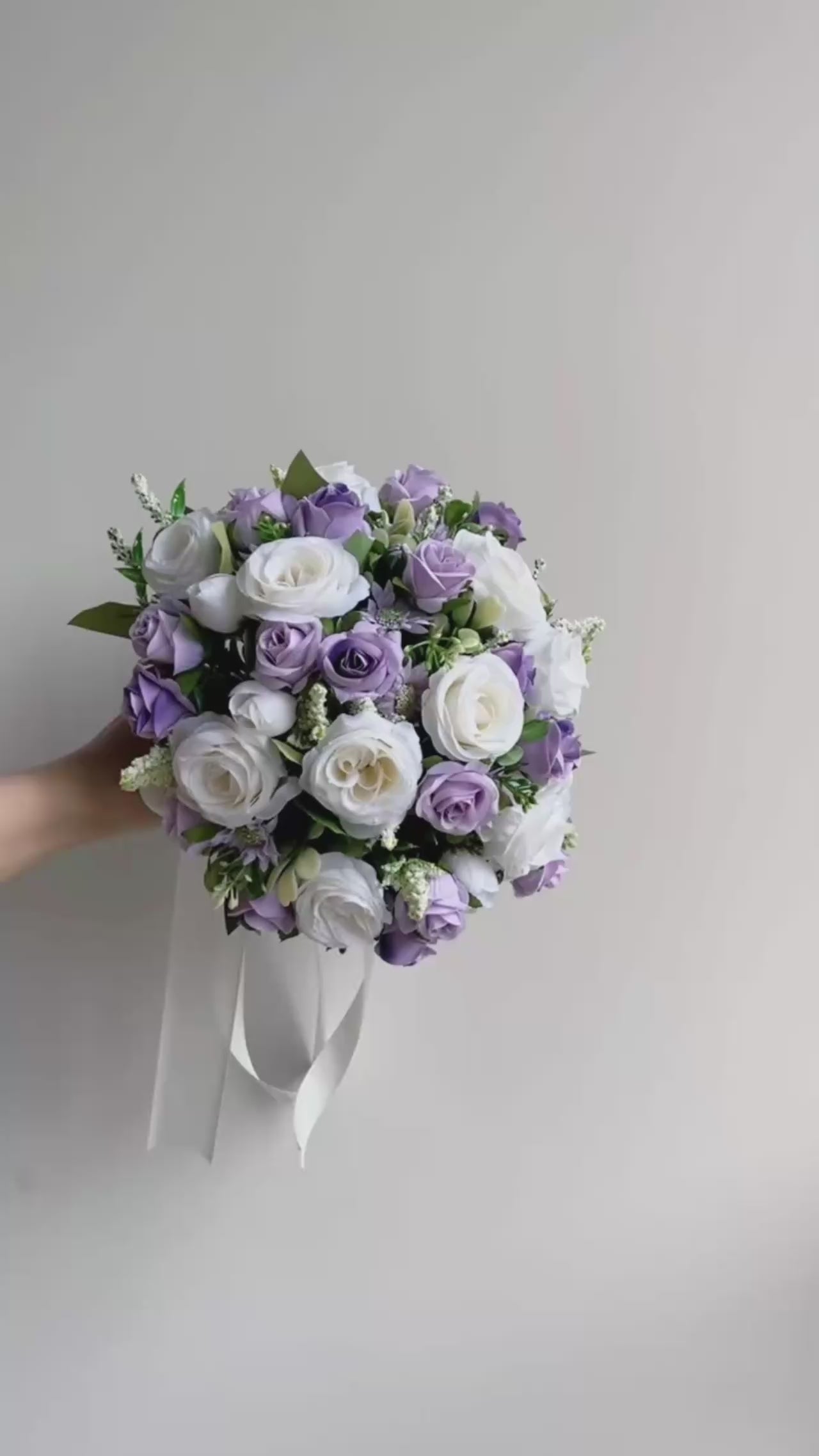 Purple & White Roses Bride Wedding Bouquet Silk Flowers + Boutonniere