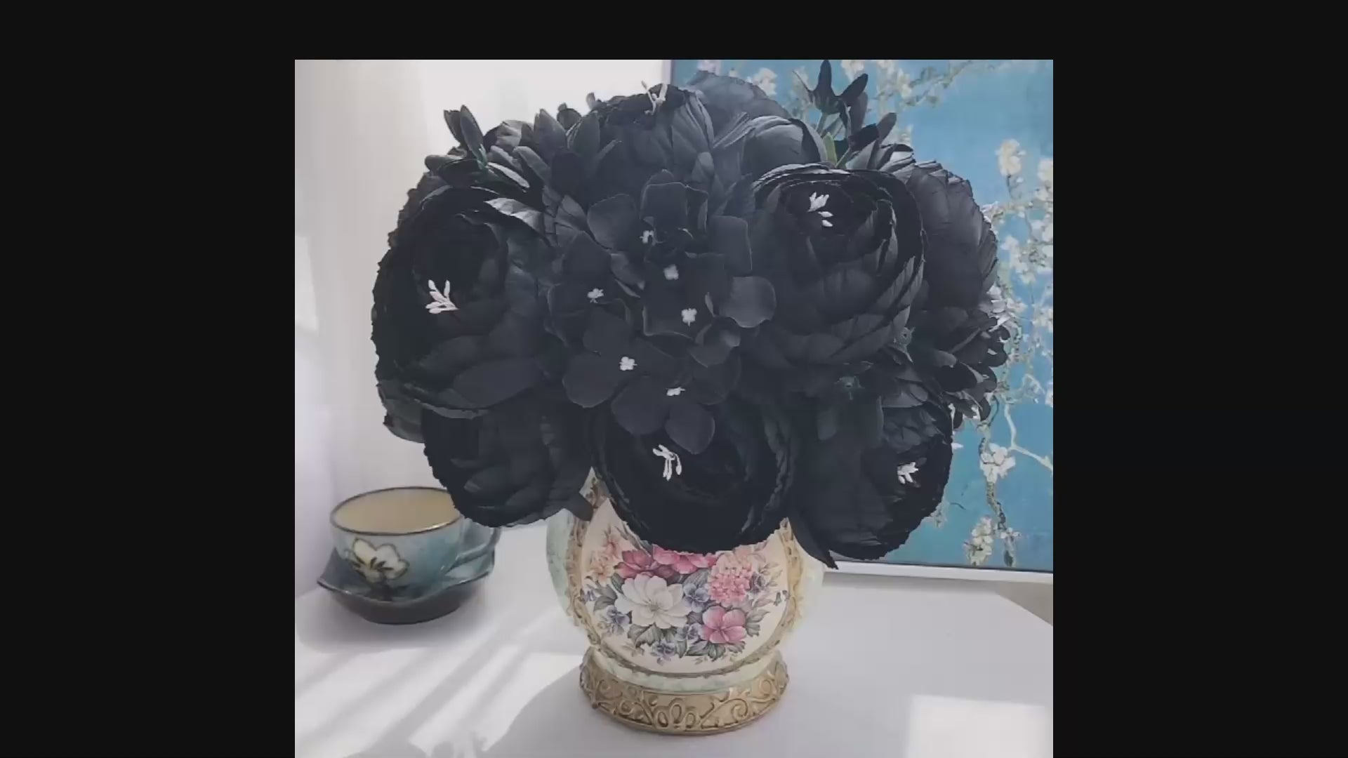 Black Peony & Dahlia Silk Home Artifical Flowers 12 Head Stem
