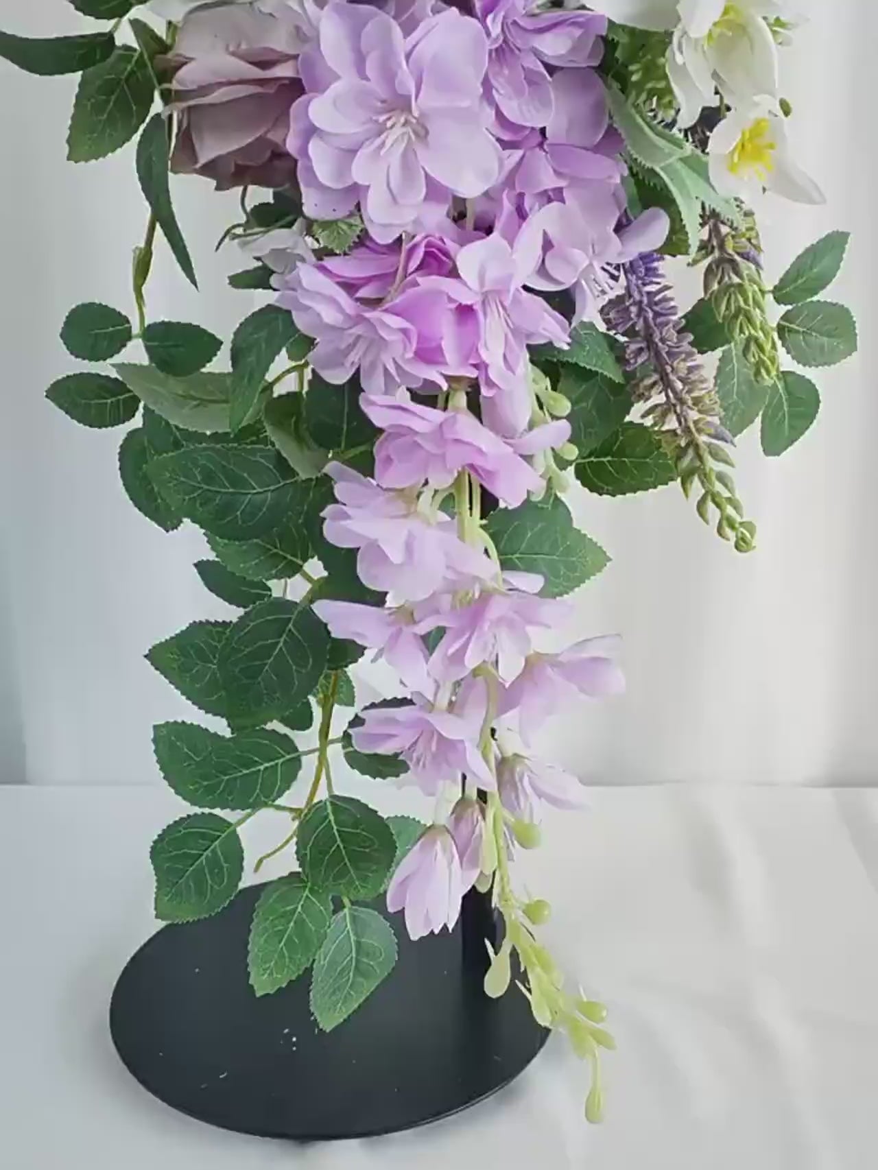 Lilac Purple & White Roses Waterfall Wedding Bridal Bouquet Silk Flowers