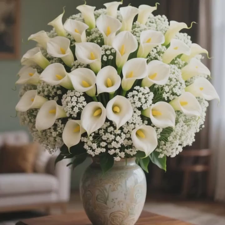 Lovely White SILK Flowers Calla Lily & Baby's Breath Bouquet x 28 Stems