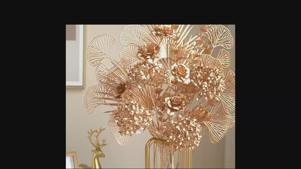 Golden Bouquet Silk Artificial Flowers Roses Ginko Leaf Long Stem