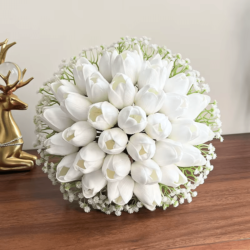 Real Touch White TULIPS Bride Wedding Bouquet with Baby's Breath - The Floral Gallery