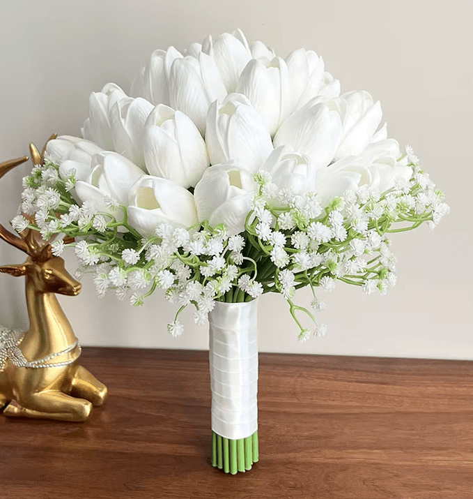 Real Touch White TULIPS Bride Wedding Bouquet with Baby's Breath - The Floral Gallery