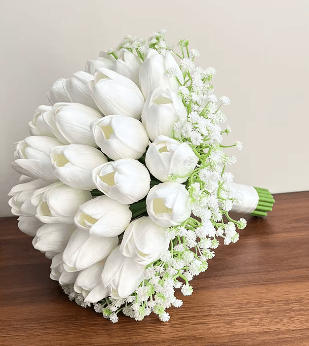 Real Touch White TULIPS Bride Wedding Bouquet with Baby's Breath - The Floral Gallery