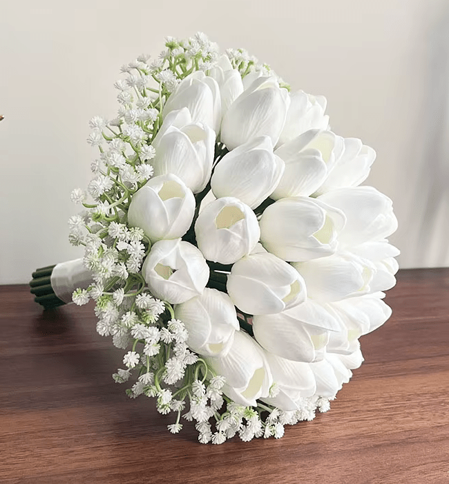 Real Touch White TULIPS Bride Wedding Bouquet with Baby's Breath - The Floral Gallery