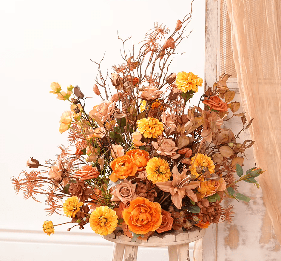 Realistic Autumn Orange Brown Multi Bloom Silk Display Flowers - The Floral Gallery