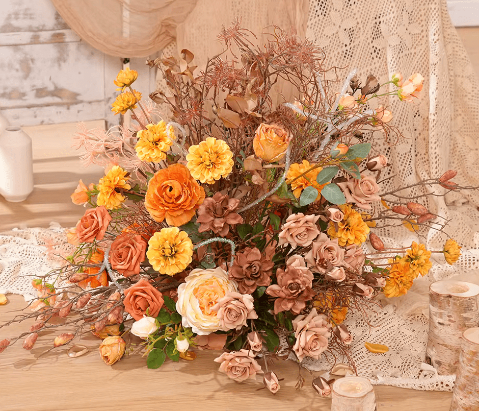 Realistic Autumn Orange Brown Multi Bloom Silk Display Flowers - The Floral Gallery