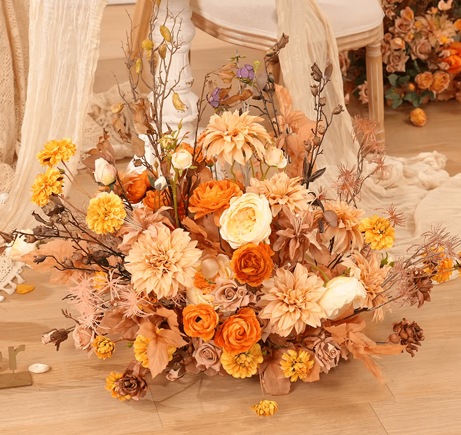 Realistic Autumn Orange Brown Multi Bloom Silk Display Flowers - The Floral Gallery