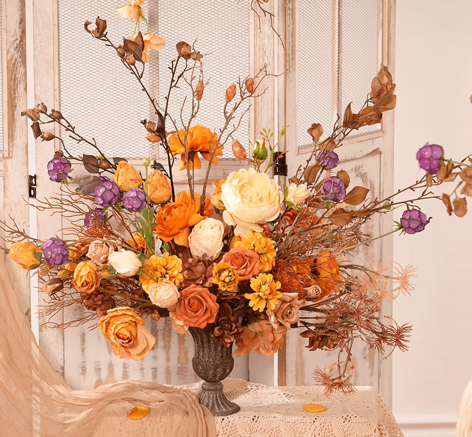Realistic Autumn Orange Brown Multi Bloom Silk Display Flowers - The Floral Gallery