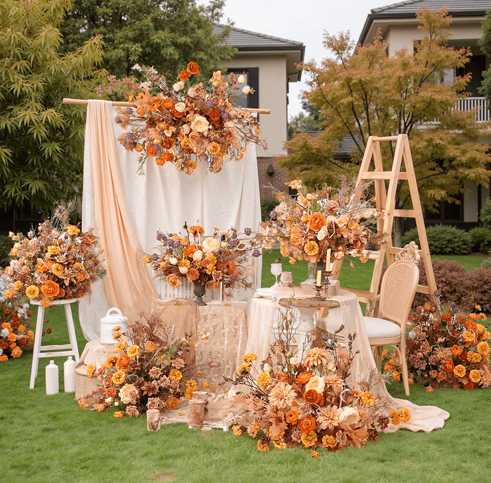 Realistic Autumn Orange Brown Multi Bloom Silk Display Flowers - The Floral Gallery