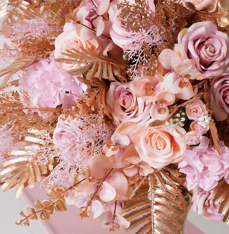 Stunning Pink Rose SILK Flowers with Gold Leaves - Large 60cm - The Floral Gallery