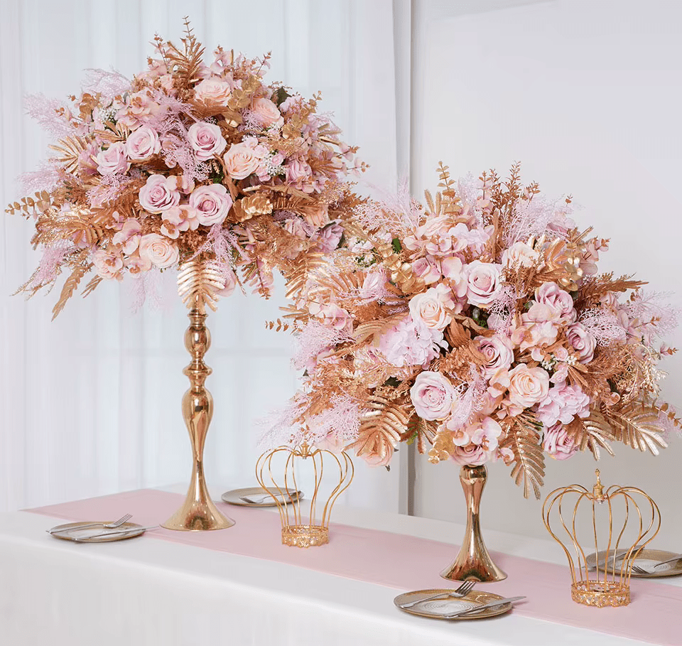 Stunning Pink Rose SILK Flowers with Gold Leaves - Large 60cm - The Floral Gallery