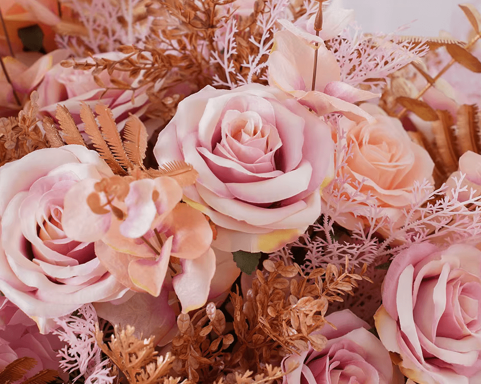 Stunning Pink Rose SILK Flowers with Gold Leaves - Large 60cm - The Floral Gallery