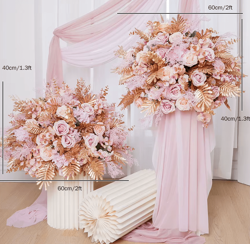 Stunning Pink Rose SILK Flowers with Gold Leaves - Large 60cm - The Floral Gallery