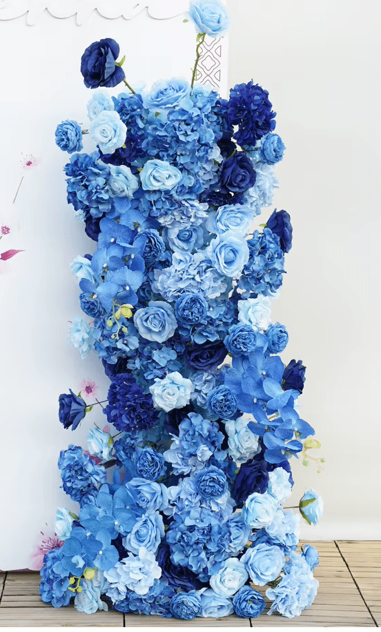 Stunning Royal Blue SILK Flowers Artificial 6ft Row & Basket - The Floral Gallery