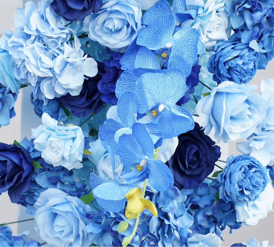 Stunning Royal Blue SILK Flowers Artificial 6ft Row & Basket - The Floral Gallery