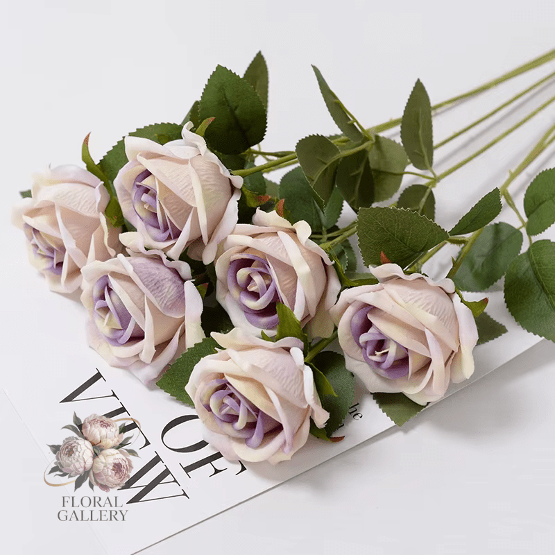 Vibrant 9 Head per Stem SILK Real Touch Roses Pink Purple Blue - The Floral Gallery