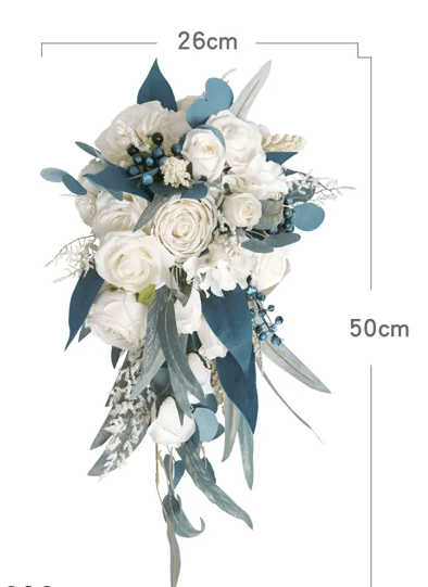Waterfall Wedding Bridal Bouquet Set Silk Flowers Champagne & Teal Blue - The Floral Gallery