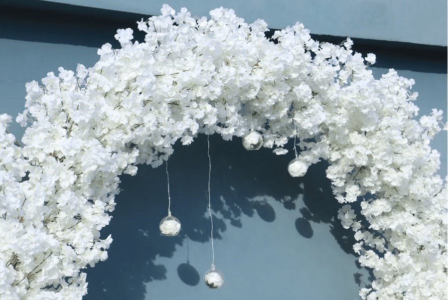 White Cherry Blossom Silk Flowers Wedding Display Heart with Stand - The Floral Gallery