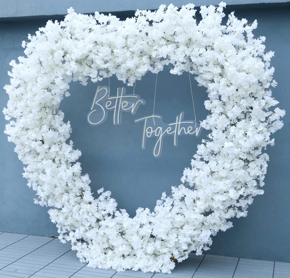 White Cherry Blossom Silk Flowers Wedding Display Heart with Stand - The Floral Gallery