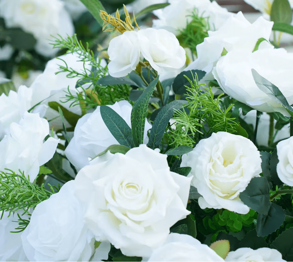 White Roses & Green Eucalyptus Leaf SILK Display Event Flowers - The Floral Gallery