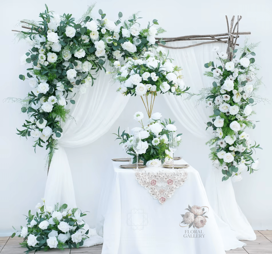 White Roses & Green Eucalyptus Leaf SILK Display Event Flowers - The Floral Gallery