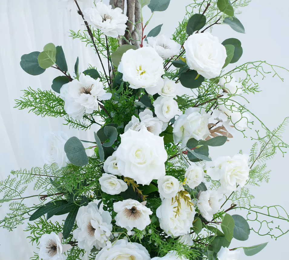 White Roses & Green Eucalyptus Leaf SILK Display Event Flowers - The Floral Gallery