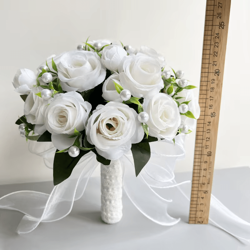 White Roses & Pearls Wedding Bouquet + Boutonnieres & Wrist Corsage - The Floral Gallery