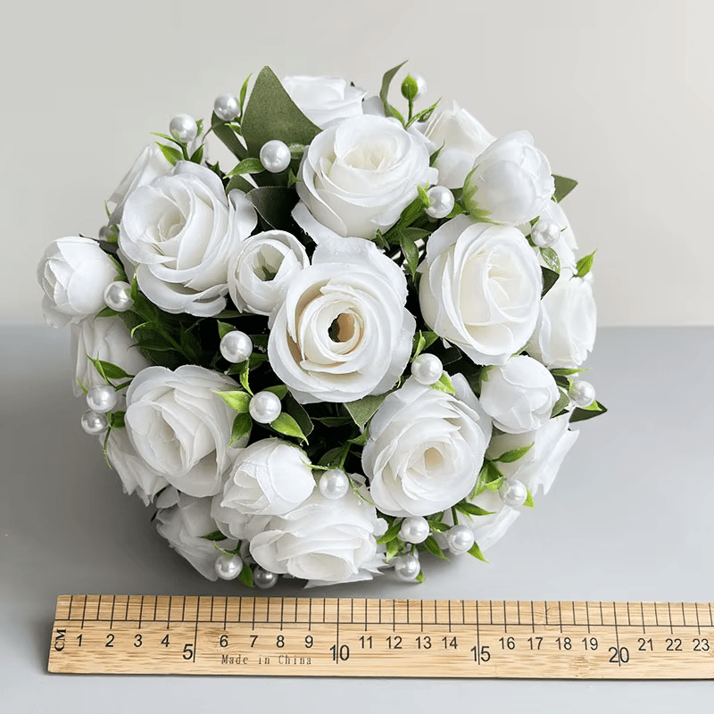 White Roses & Pearls Wedding Bouquet + Boutonnieres & Wrist Corsage - The Floral Gallery