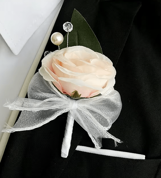White Roses & Pearls Wedding Bouquet + Boutonnieres & Wrist Corsage - The Floral Gallery